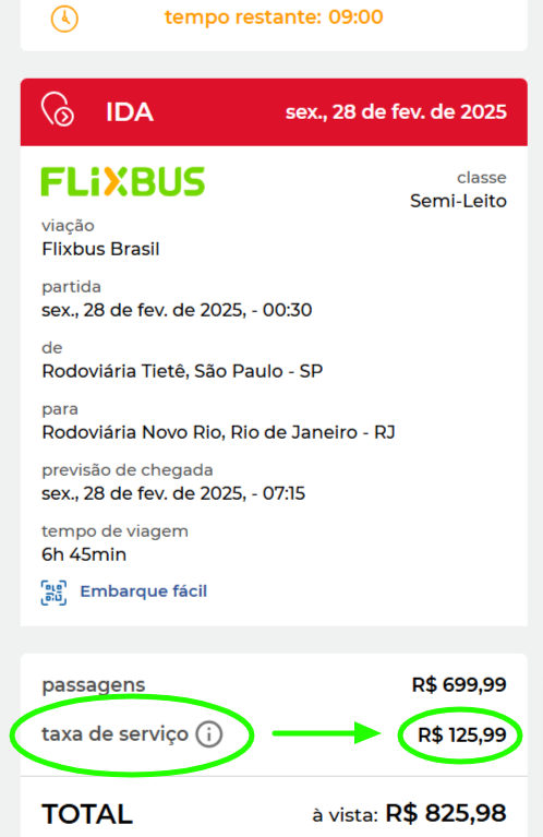 Print de tela com exemplo de pedido e local da informação da taxa de serviço.